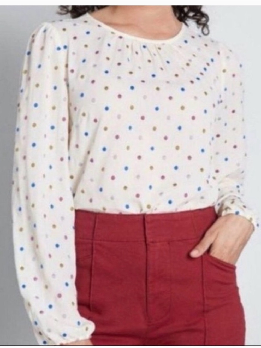 ModCloth Cream Polka-Dot Long Sleeve Blouse with Multicolor Dots